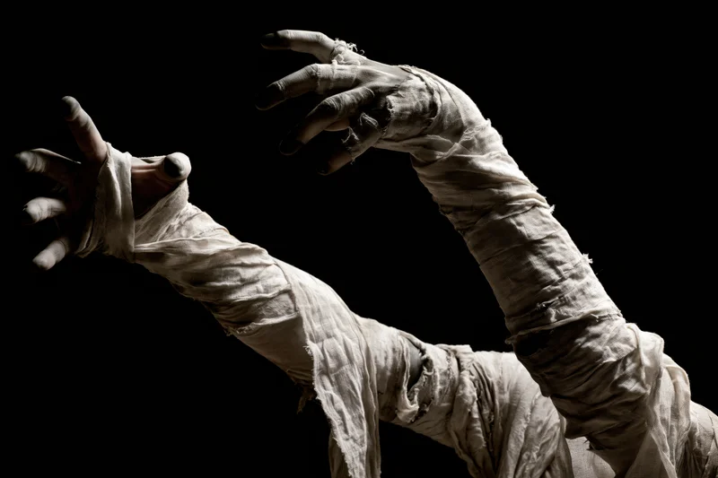 Mummy arms wrapped in tattered gauze bandages reaching upward against black background