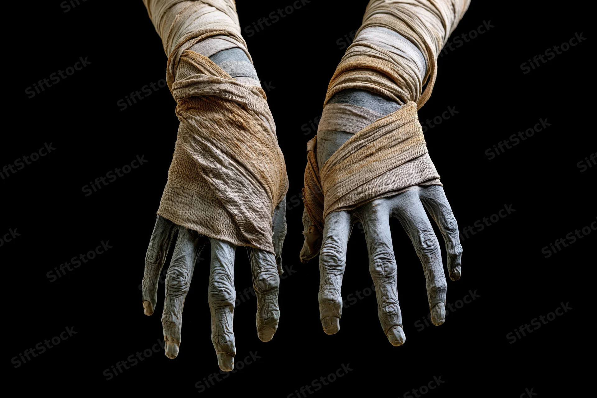 Mummy hands wrapped in bandages reaching forward against black background