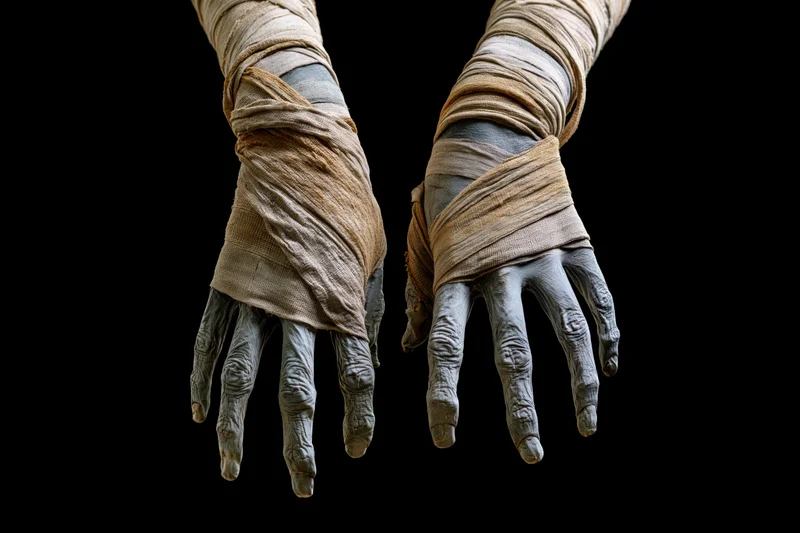 Mummy hands wrapped in bandages reaching forward against black background