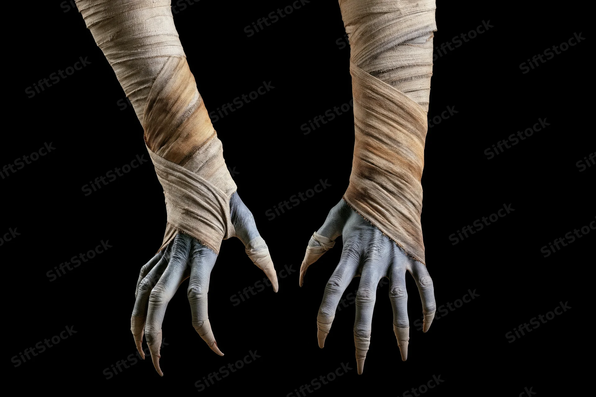 Mummy hands with clawed fingers wrapped in bandages reaching forward against black background