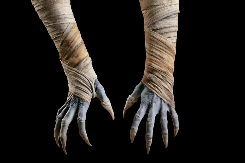 Mummy hands with clawed fingers wrapped in bandages reaching forward against black background