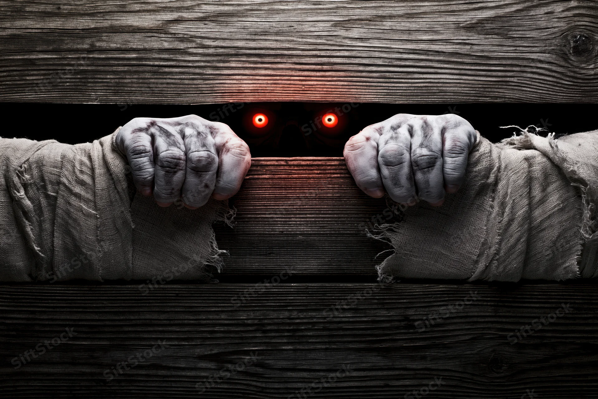 Mummy hands gripping wooden edge with glowing red eyes visible behind