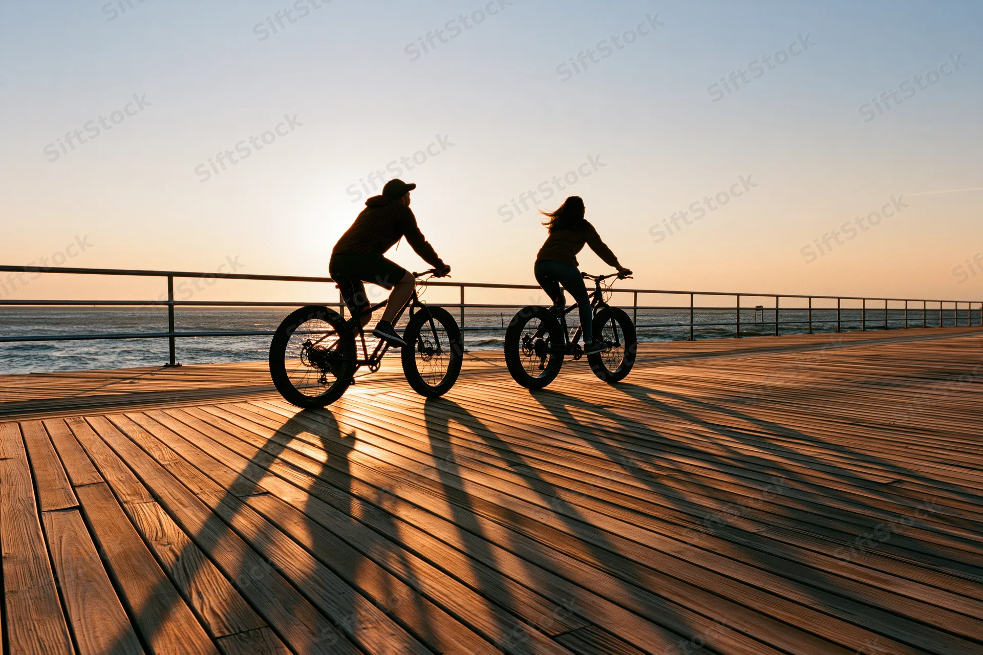 Two people riding bicycles side by side on a wooden boardwalk at sunset by the ocean