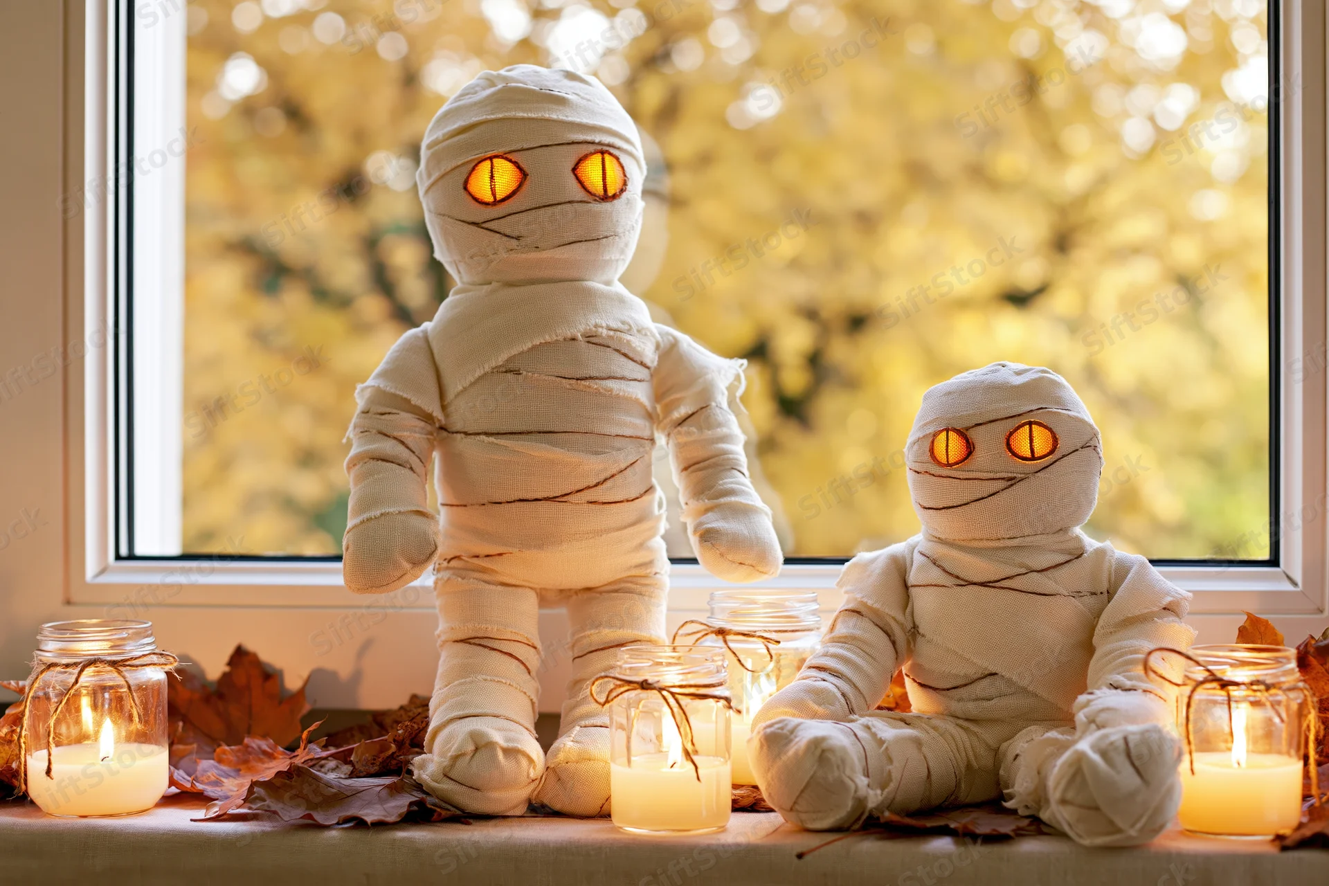 Two white fabric mummy stuffed toys with glowing orange eyes on a windowsill surrounded by candles and autumn leaves