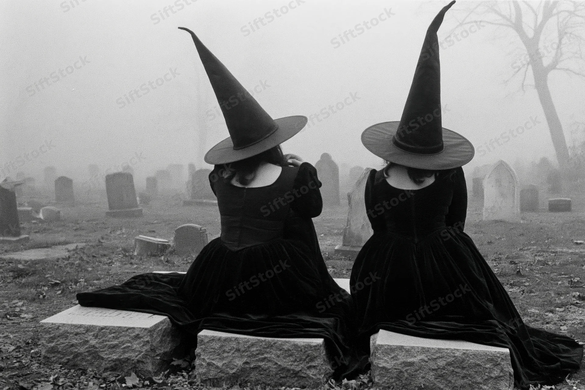 Two women in black dresses and pointed witch hats sitting on tombstones in a foggy graveyard
