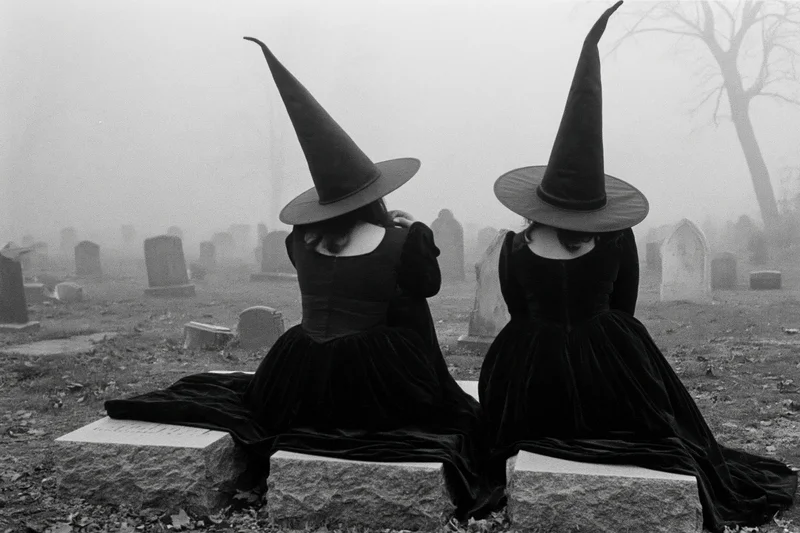 Two women in black dresses and pointed witch hats sitting on tombstones in a foggy graveyard