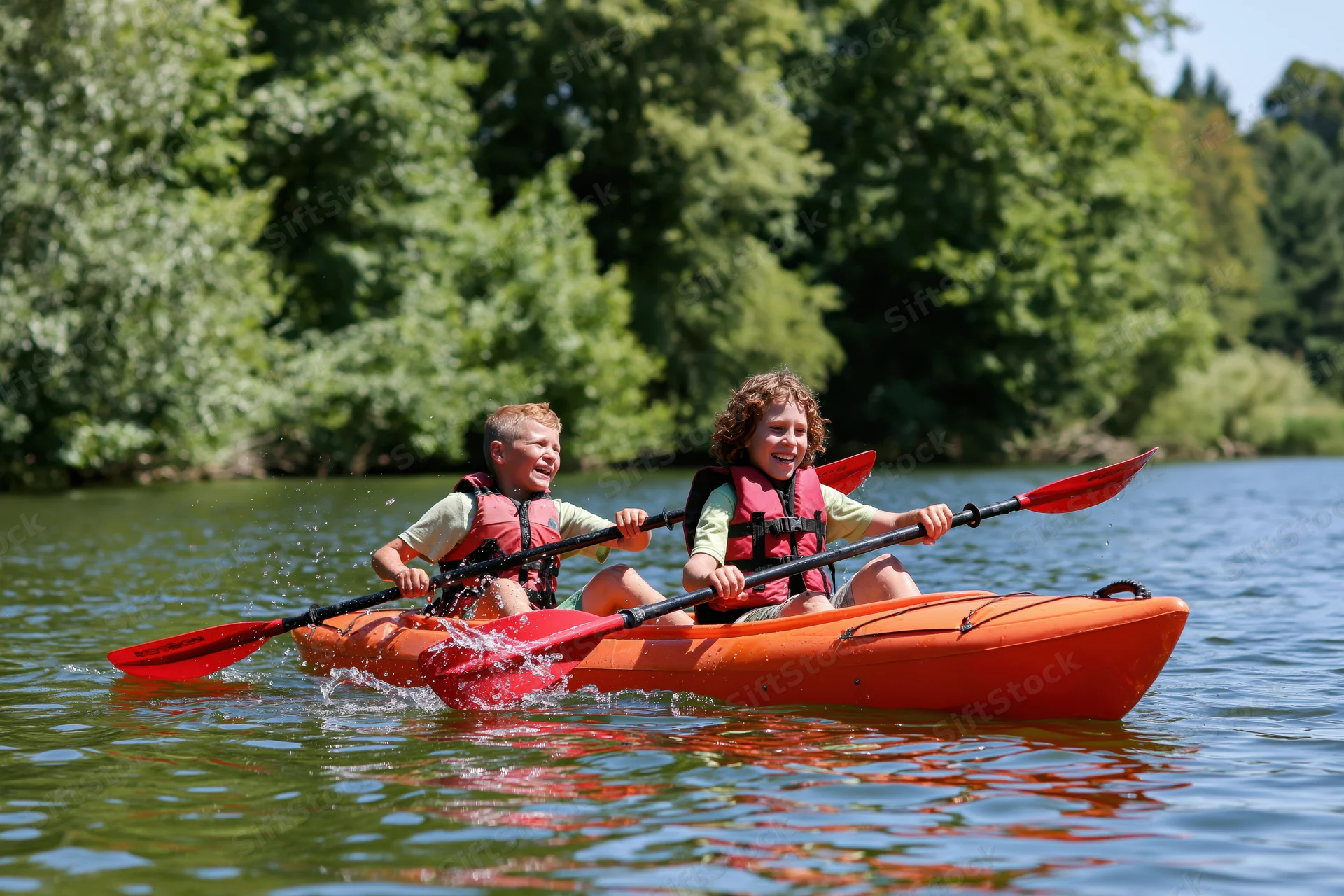 Two children paddling together in an orange tandem kayak on a calm river surrounded by green trees
