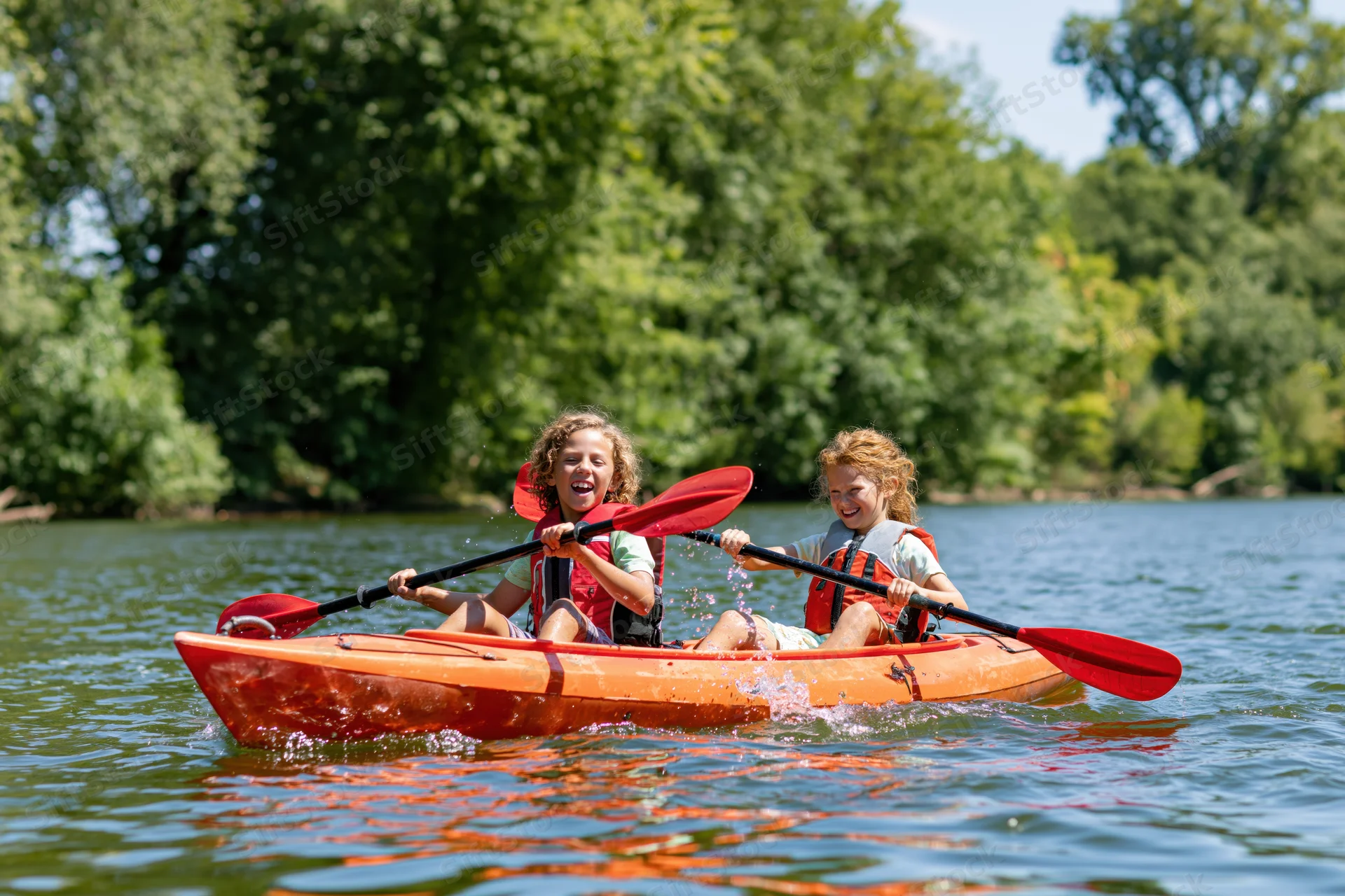 Two children paddling together in an orange tandem kayak on a river surrounded by trees