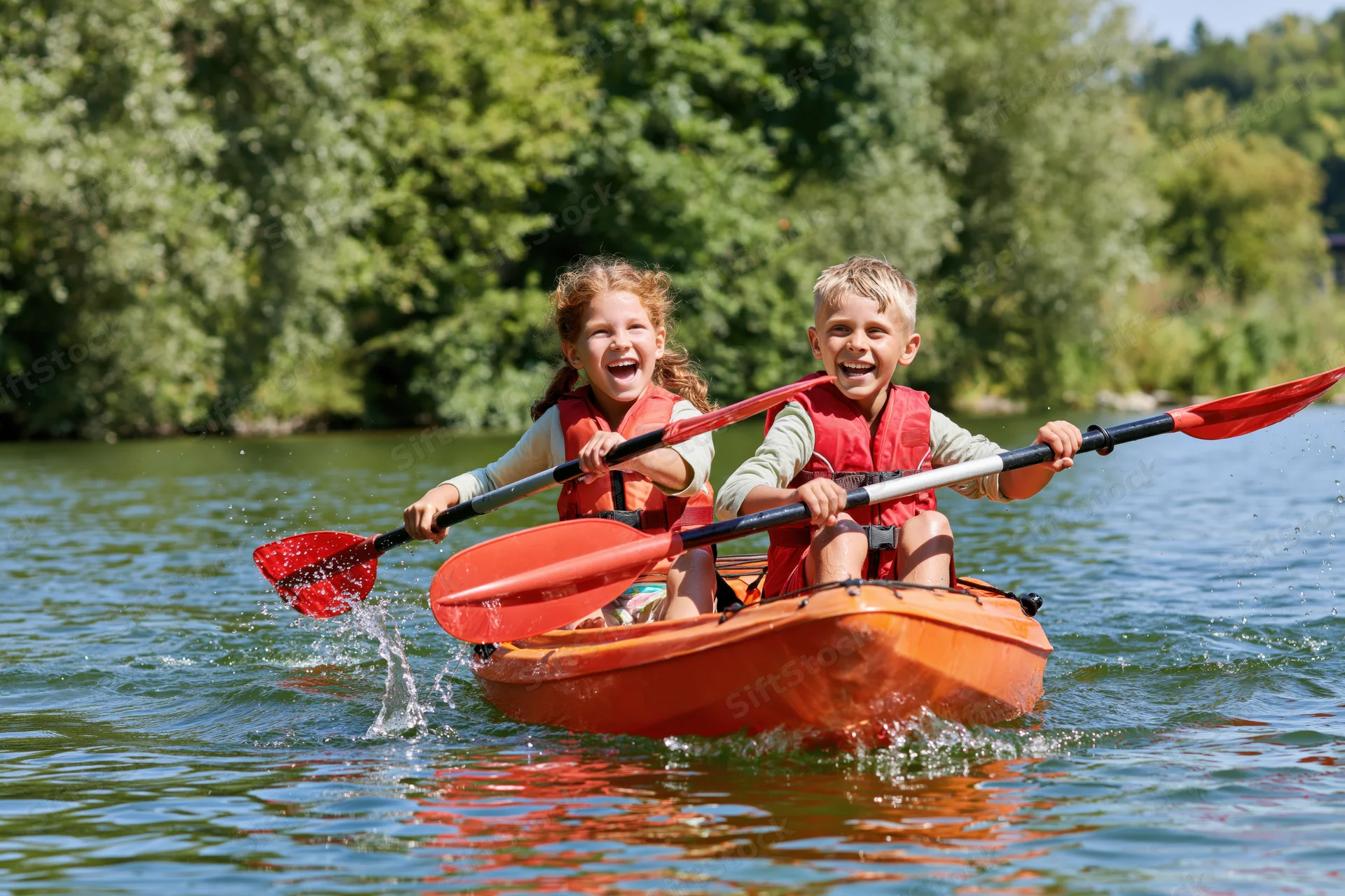 Two children paddling together in an orange kayak on a river