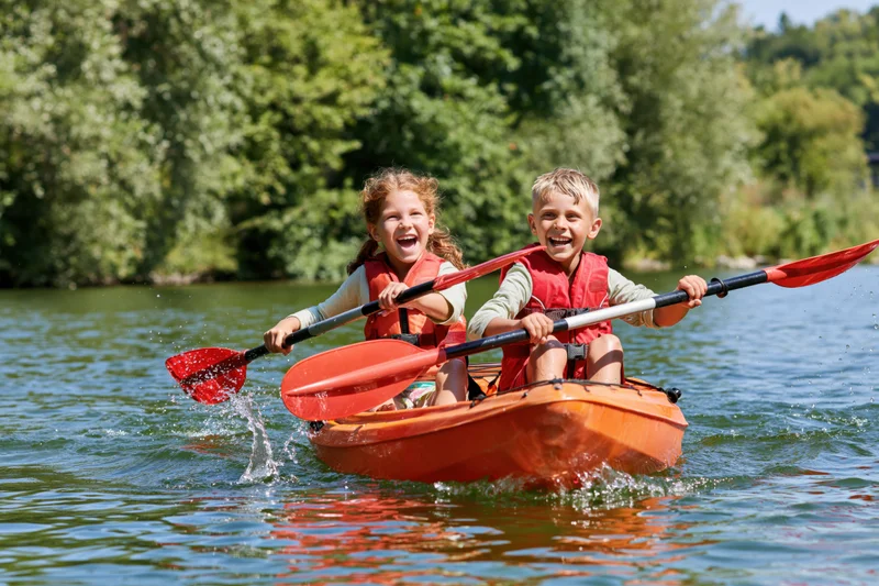 Two children paddling together in an orange kayak on a river
