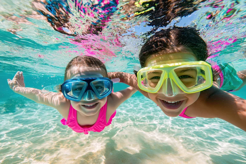 Two young girls smiling while snorkeling underwater in shallow tropical sea