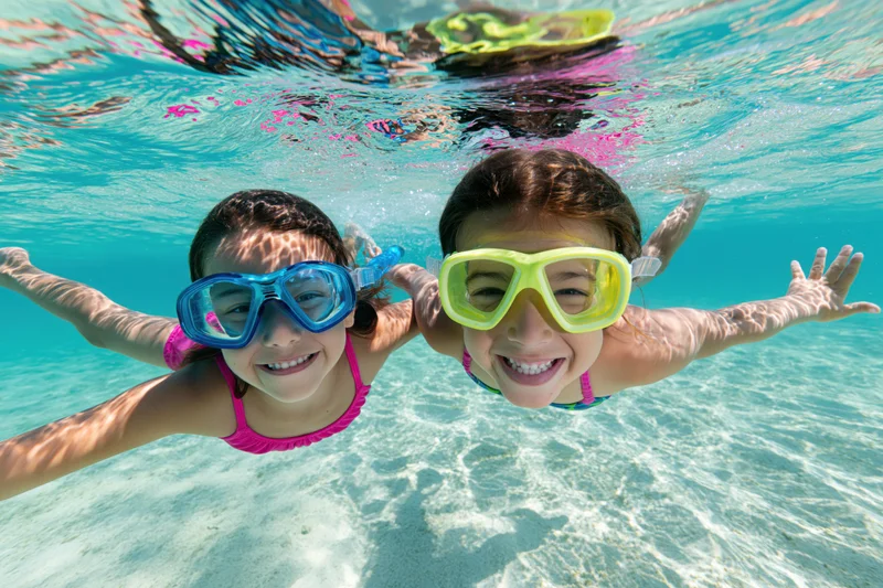 Two young girls smiling while swimming underwater in shallow tropical sea