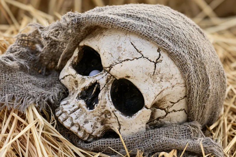 Weathered plastic skull wrapped in tattered burlap resting on hay