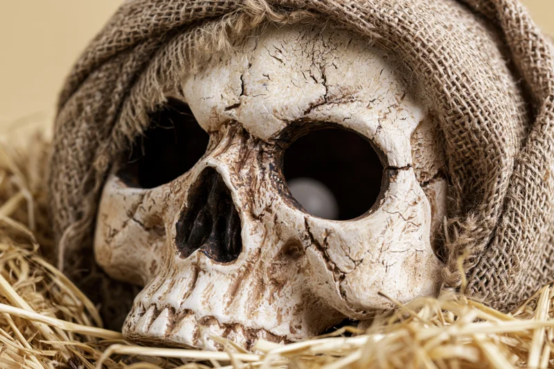 Weathered plastic skull wrapped in tattered burlap resting on hay