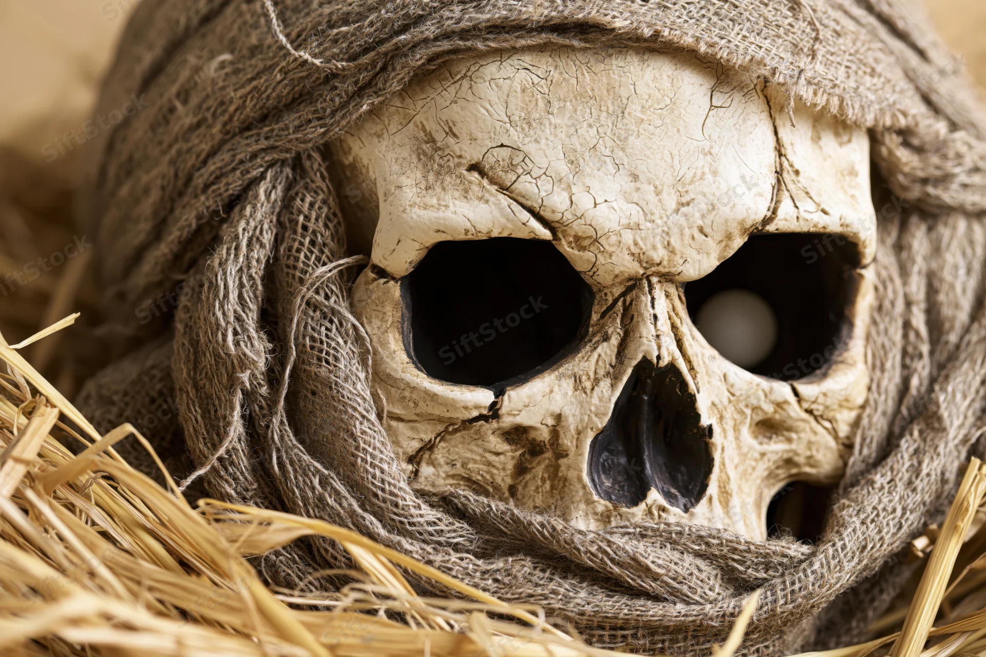 Weathered plastic skull wrapped in tattered burlap resting on hay
