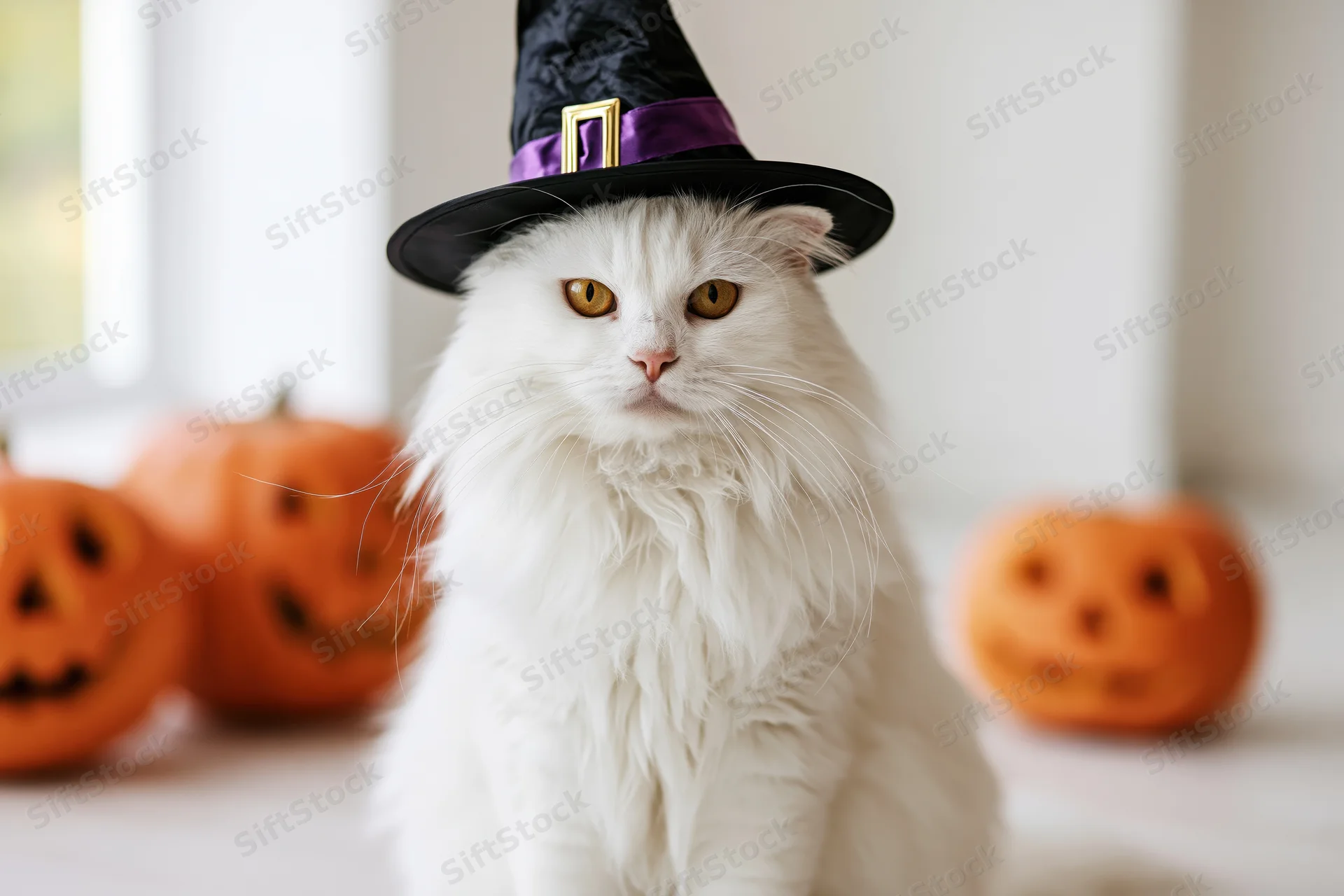 White fluffy cat wearing a small black witch hat with purple band, sitting indoors with carved pumpkins in the background