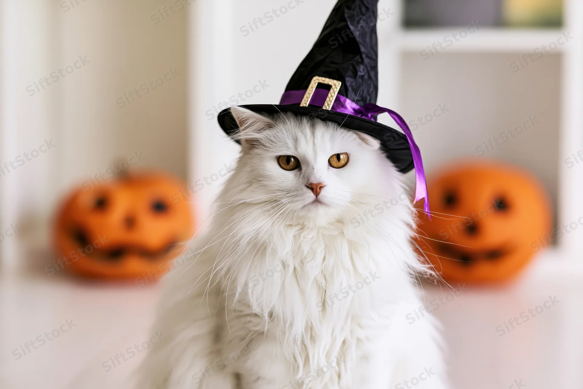 White fluffy cat wearing a black witch hat with purple ribbon, sitting indoors with pumpkins in the background