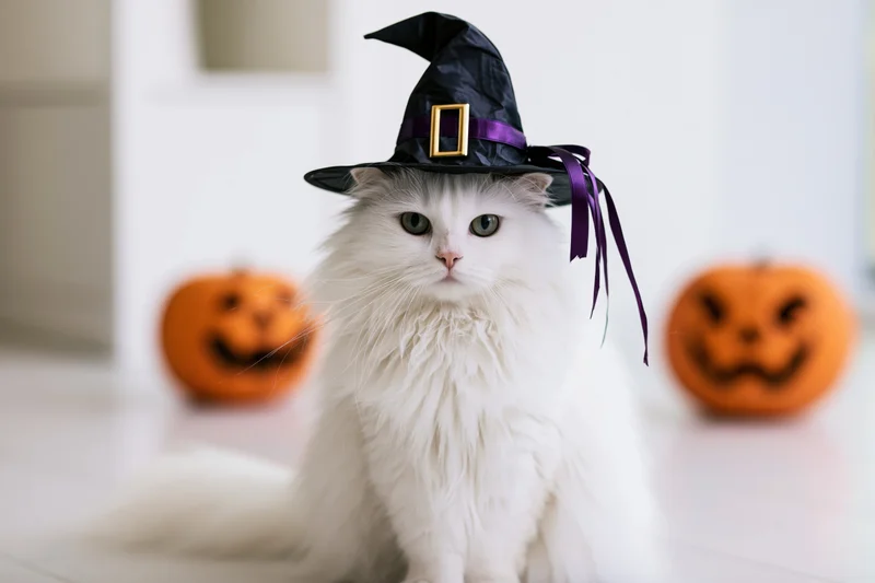 White fluffy cat wearing a witch hat sitting indoors with pumpkins in the background