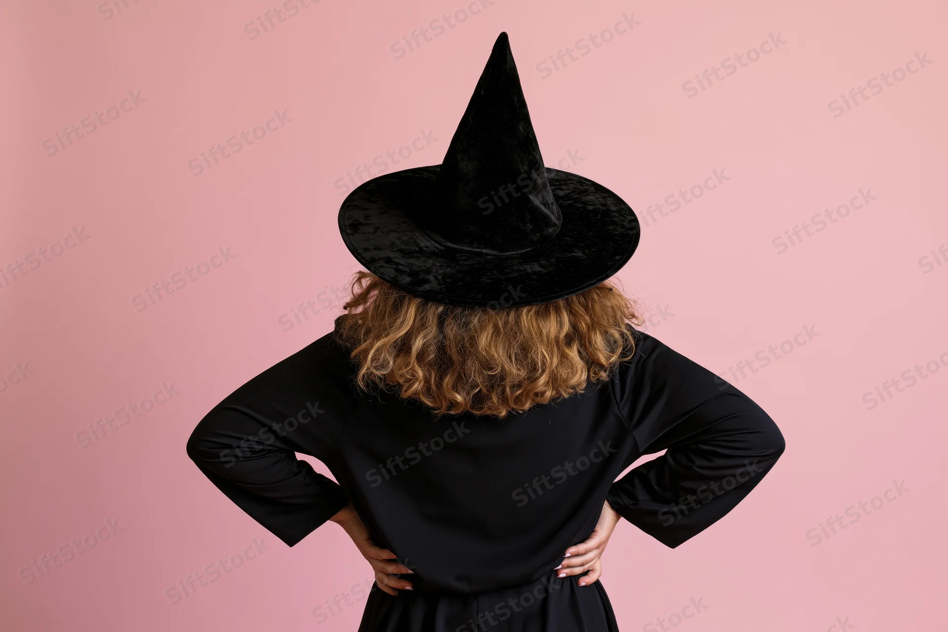 Woman in witch costume with hands on hips seen from back against pink background
