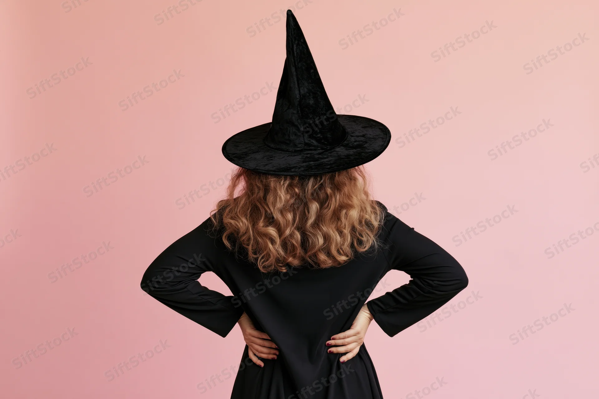Woman in witch costume with hands on hips seen from back against pink background