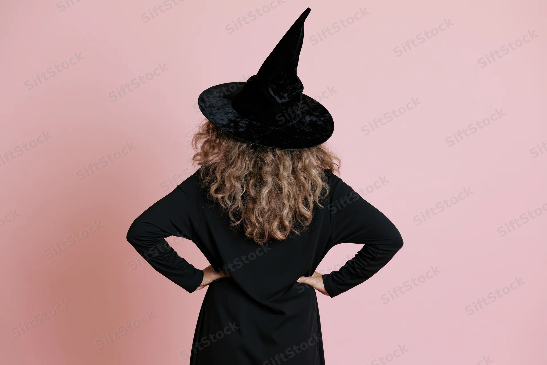 Woman in witch costume with hands on hips seen from back against pink background