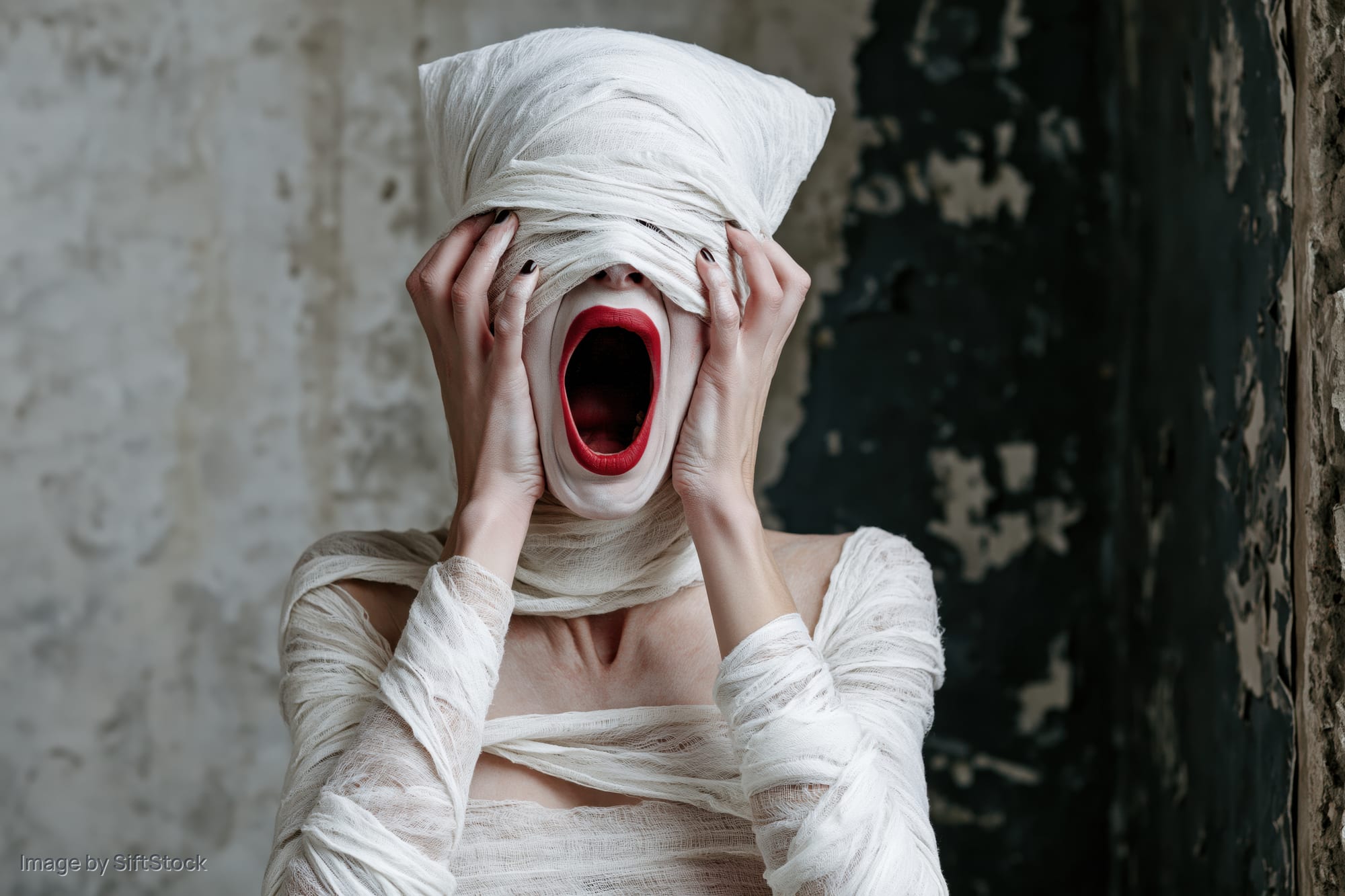 Woman in halloween mummy costume screaming with mouth wide open against peeling wall