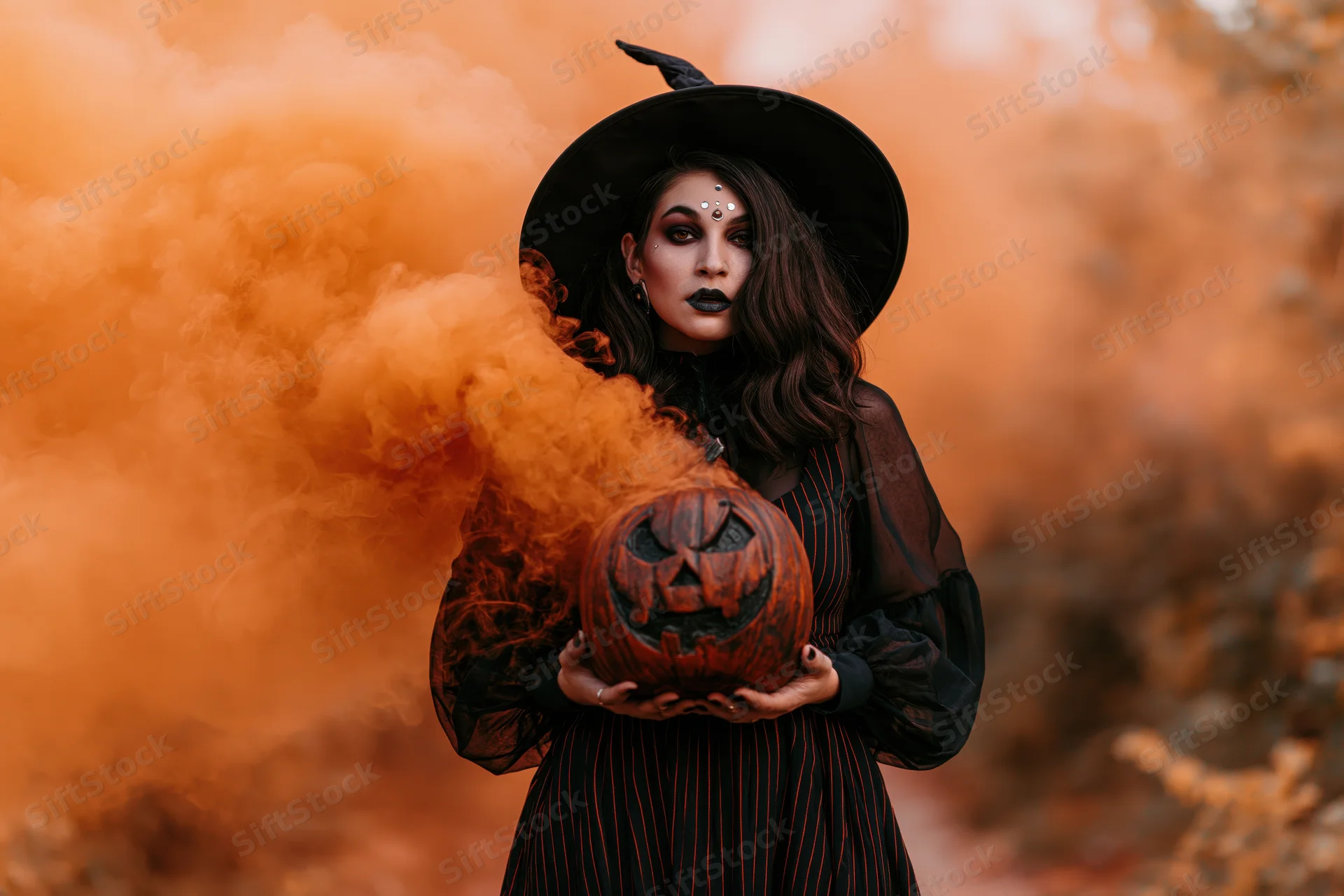 Woman in witch costume holding carved pumpkin with orange smoke in autumn forest