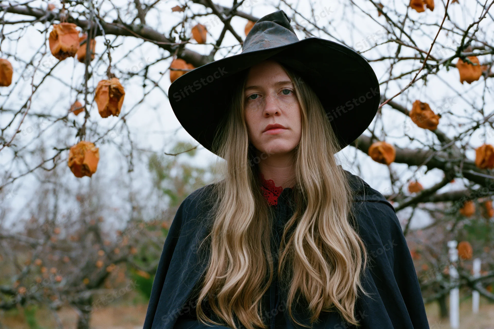 Woman in a weathered wide-brim black witch hat standing still outdoors among bare tree branches with dried orange fruit in autumn
