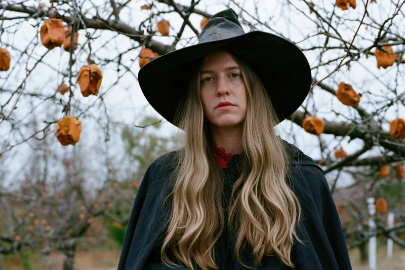 Woman in a weathered wide-brim black witch hat standing still outdoors among bare tree branches with dried orange fruit in autumn