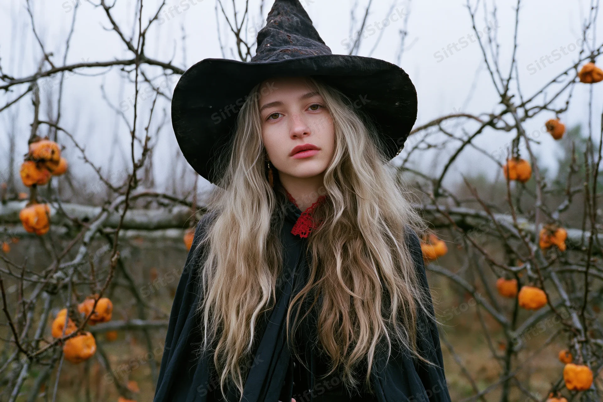 Woman in black witch hat and cloak standing still among bare trees with orange pumpkins in autumn garden