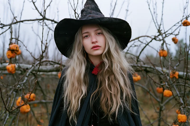 Woman in black witch hat and cloak standing still among bare trees with orange pumpkins in autumn garden