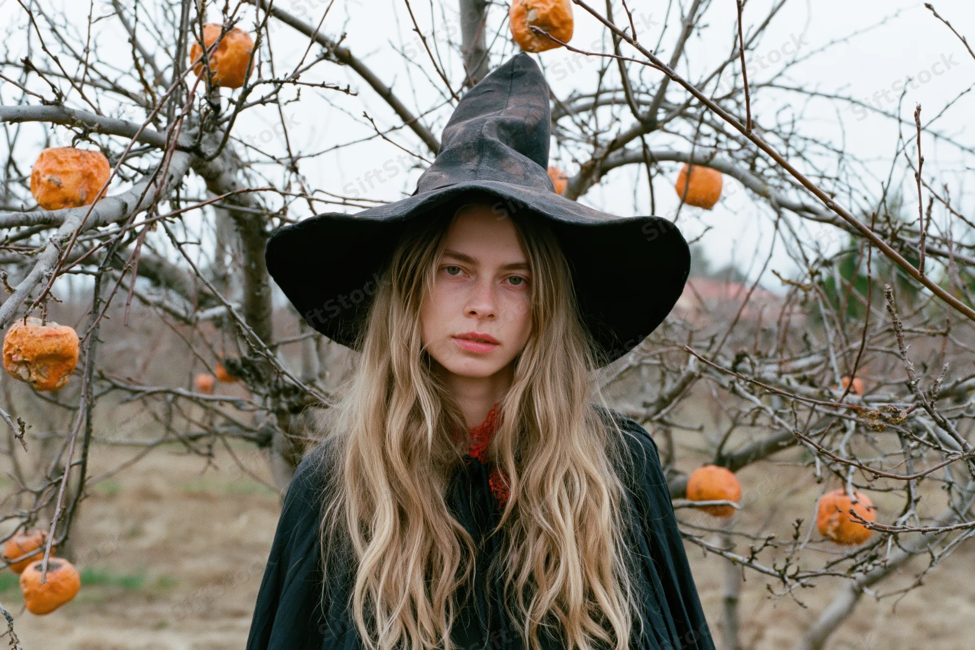 Woman in witch costume with wide-brim hat standing among bare branches with dried fruit in autumn field