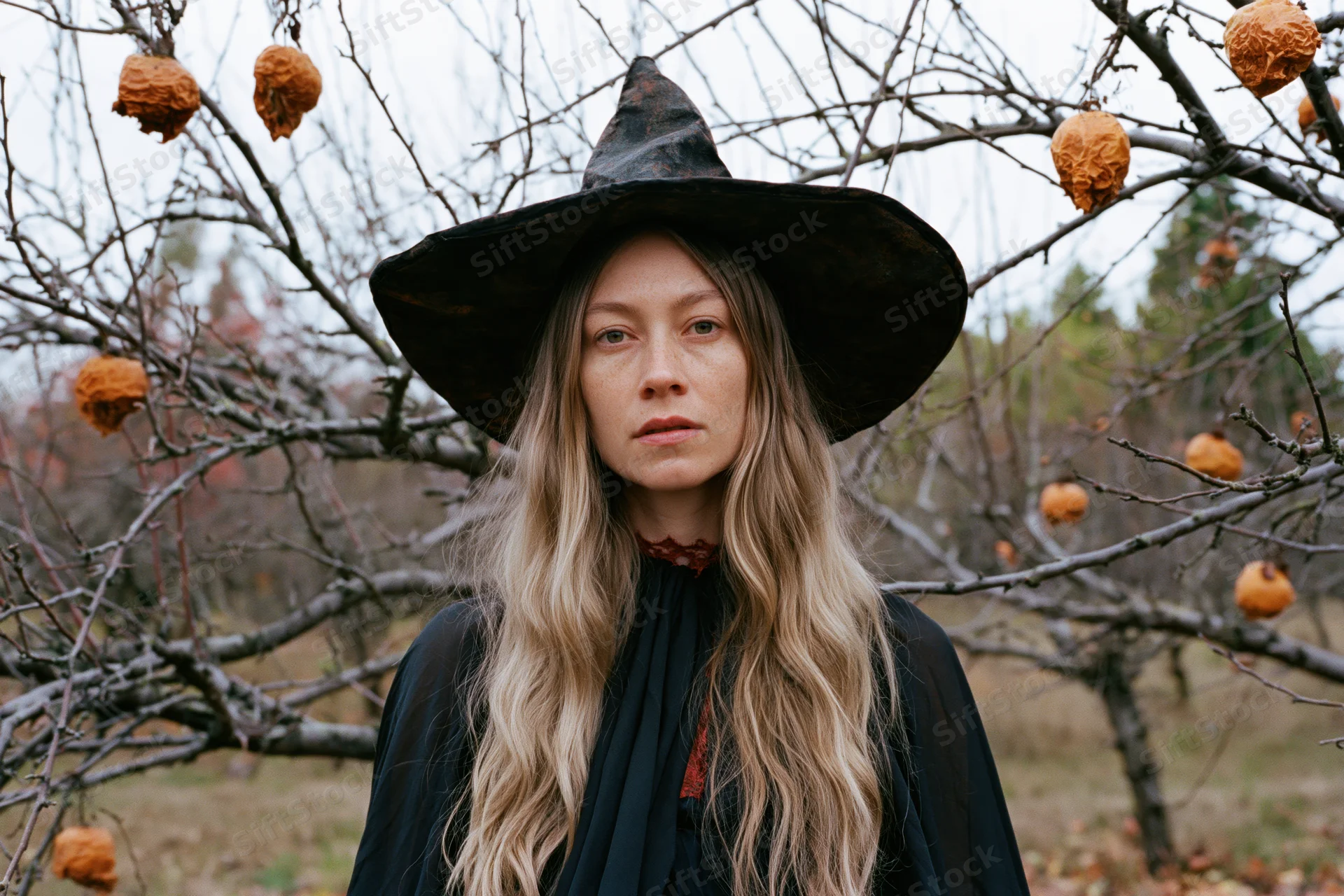 Woman in black witch hat standing still in autumn orchard with dried fruit on bare branches