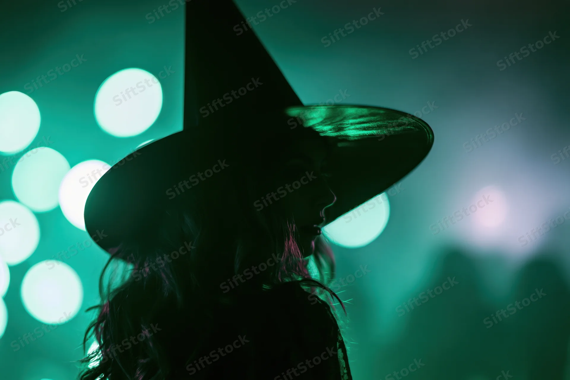 Woman in profile wearing a pointed witch hat against green bokeh lights at a halloween party