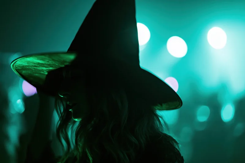 Woman in witch costume in profile wearing pointed hat against glowing teal lights at halloween party