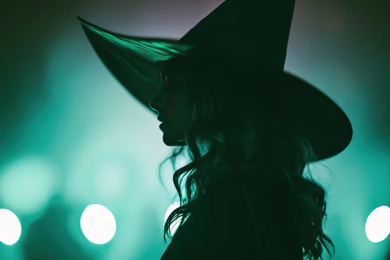 Woman in witch costume in profile silhouette against glowing teal lights
