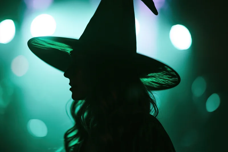Silhouette of a woman in a pointed witch hat in profile against glowing green lights