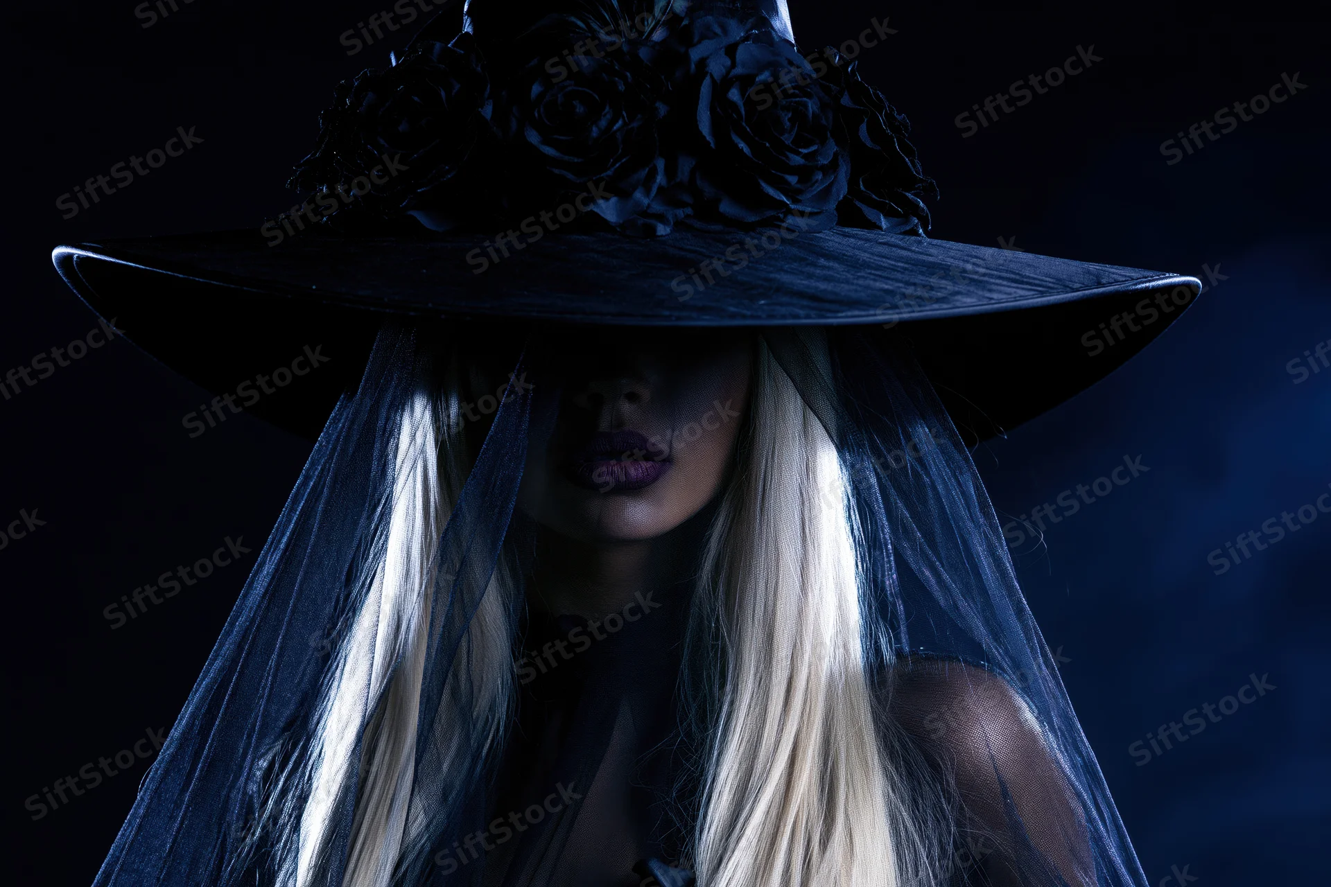 Woman in large black witch hat with dark roses and veil, face partially shadowed, dark moody lighting