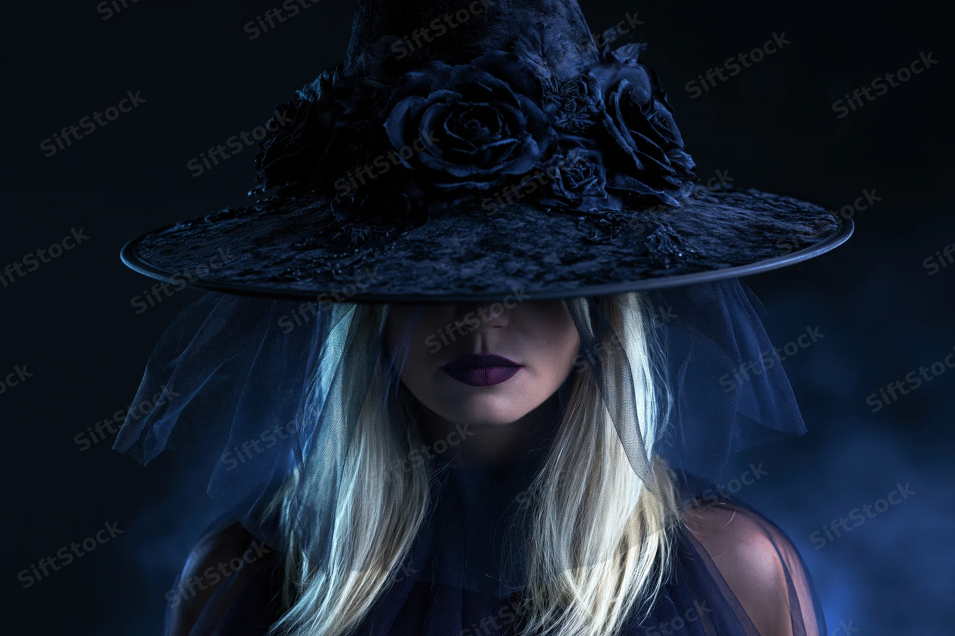 Woman in black witch hat with dark roses and veil, face partially hidden, in dim blue-lit setting