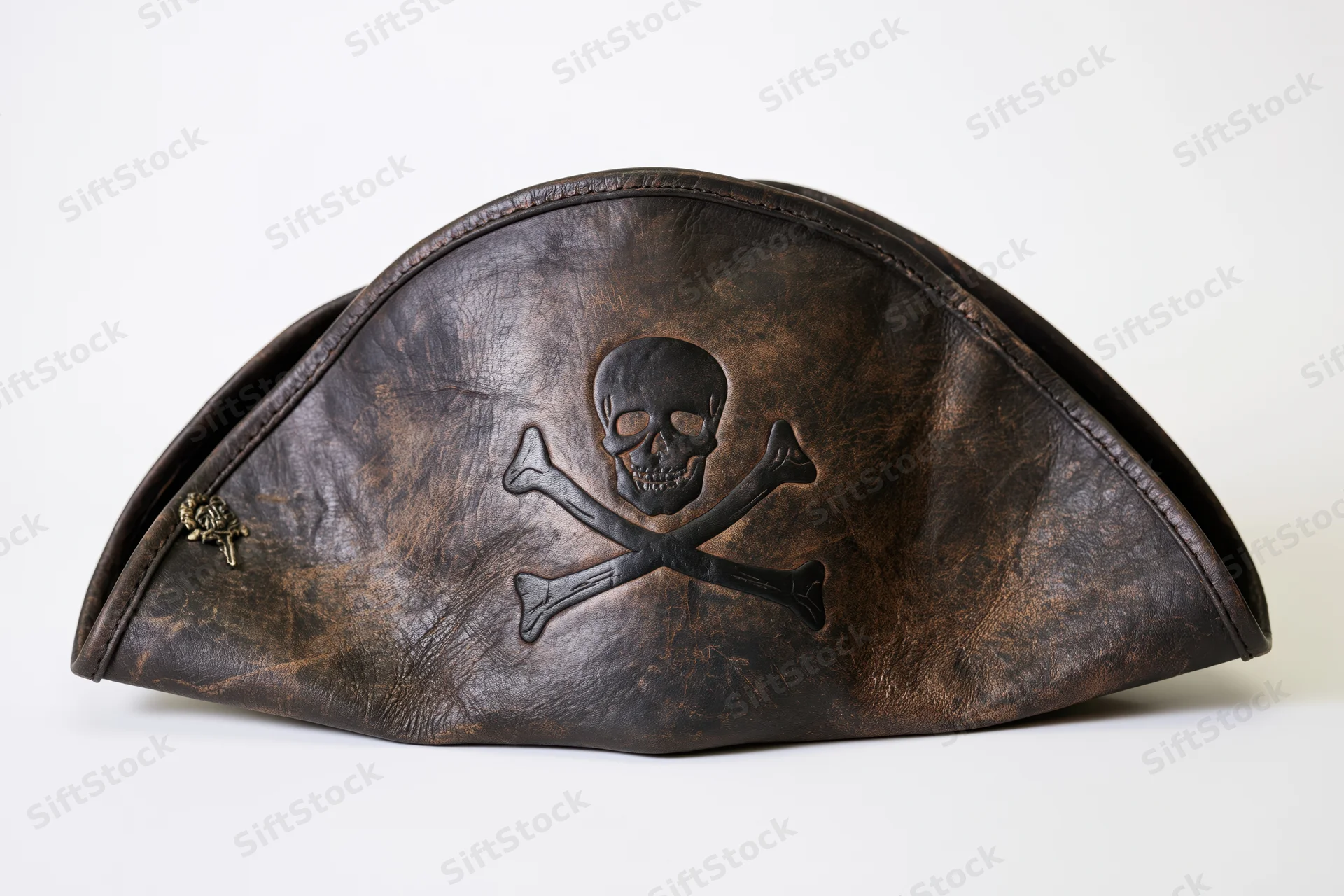 Worn leather pirate tricorn hat with skull and crossbones emblem displayed flat on white background