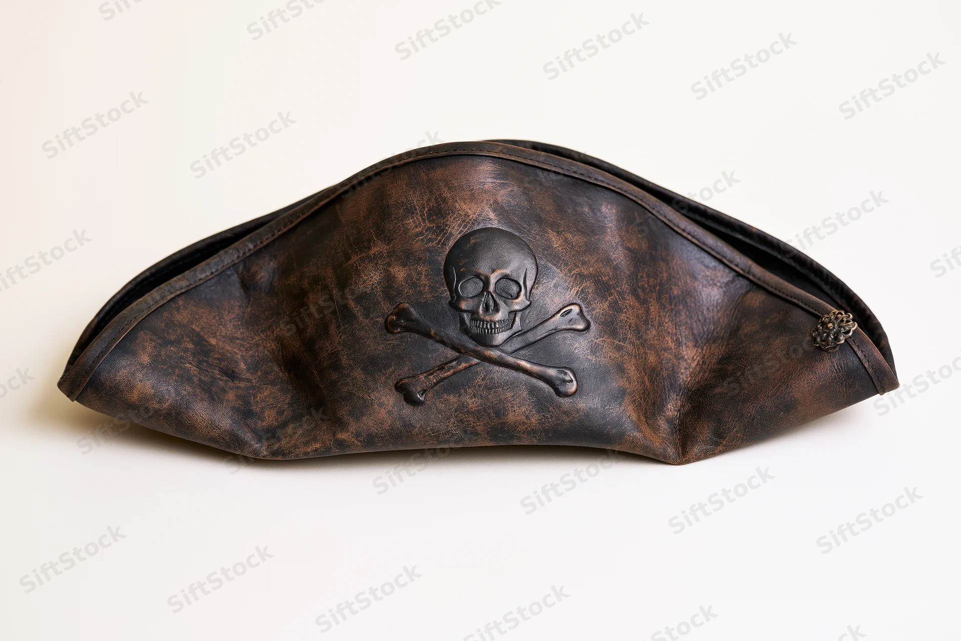 Worn leather pirate tricorn hat with skull and crossbones emblem displayed flat on white background