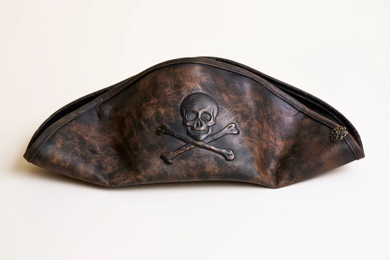 Worn leather pirate tricorn hat with skull and crossbones emblem displayed flat on white background