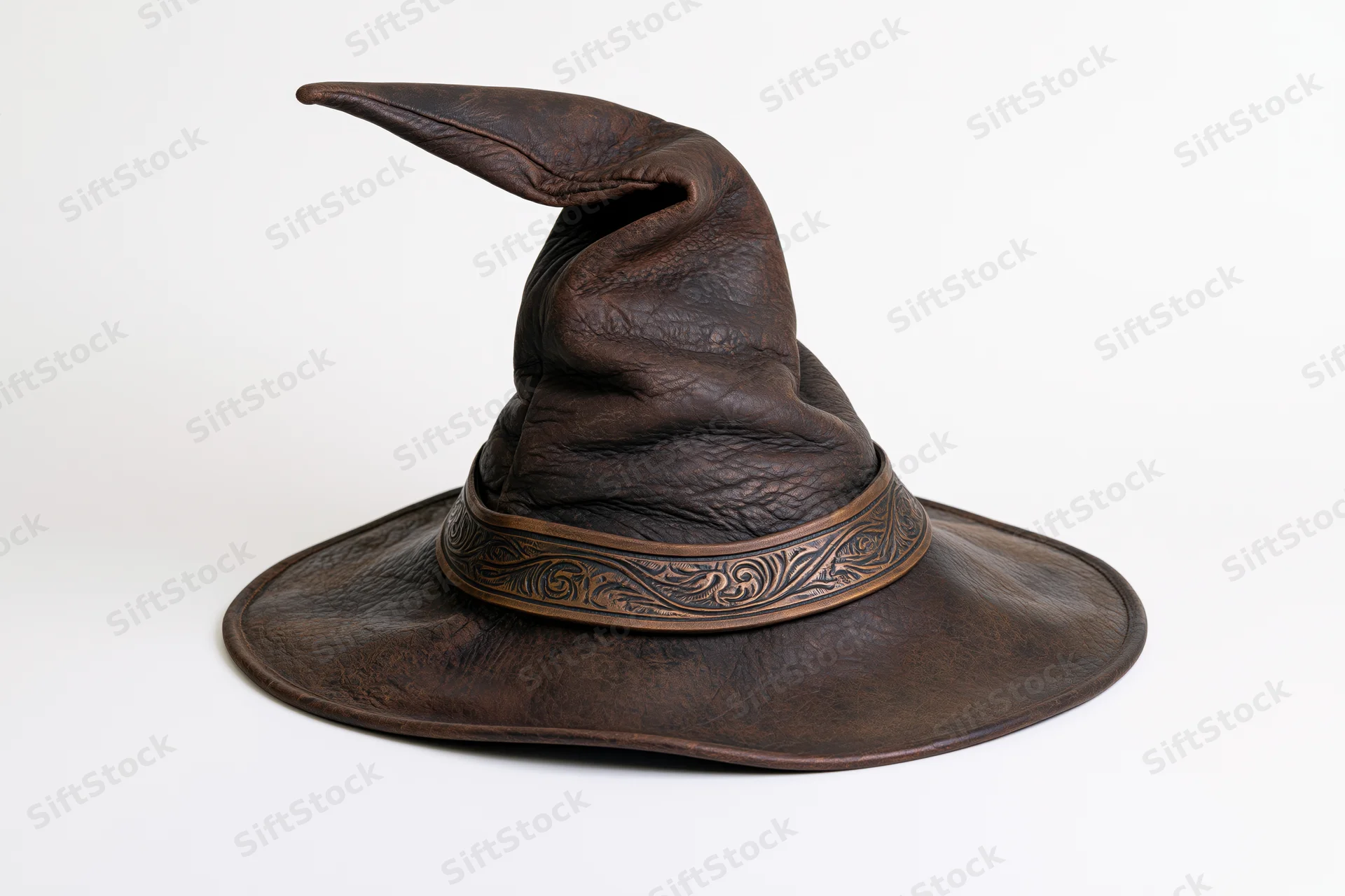 Worn leather witch hat with crooked peak and wide brim on white background