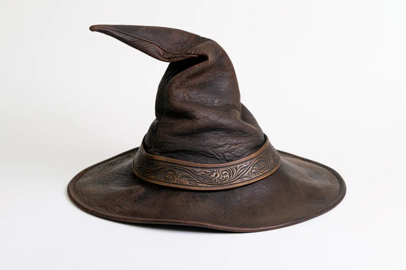 Worn leather witch hat with crooked peak and wide brim on white background