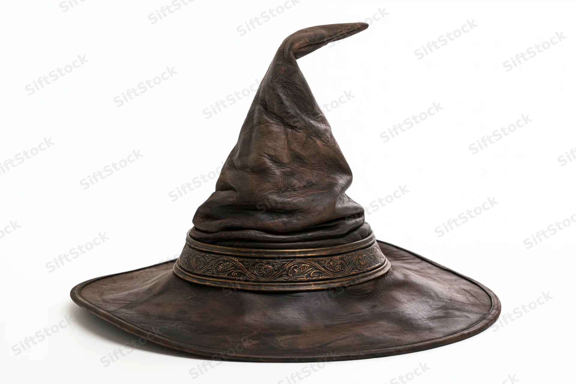 Worn leather witch hat with crooked peak and wide brim on white background