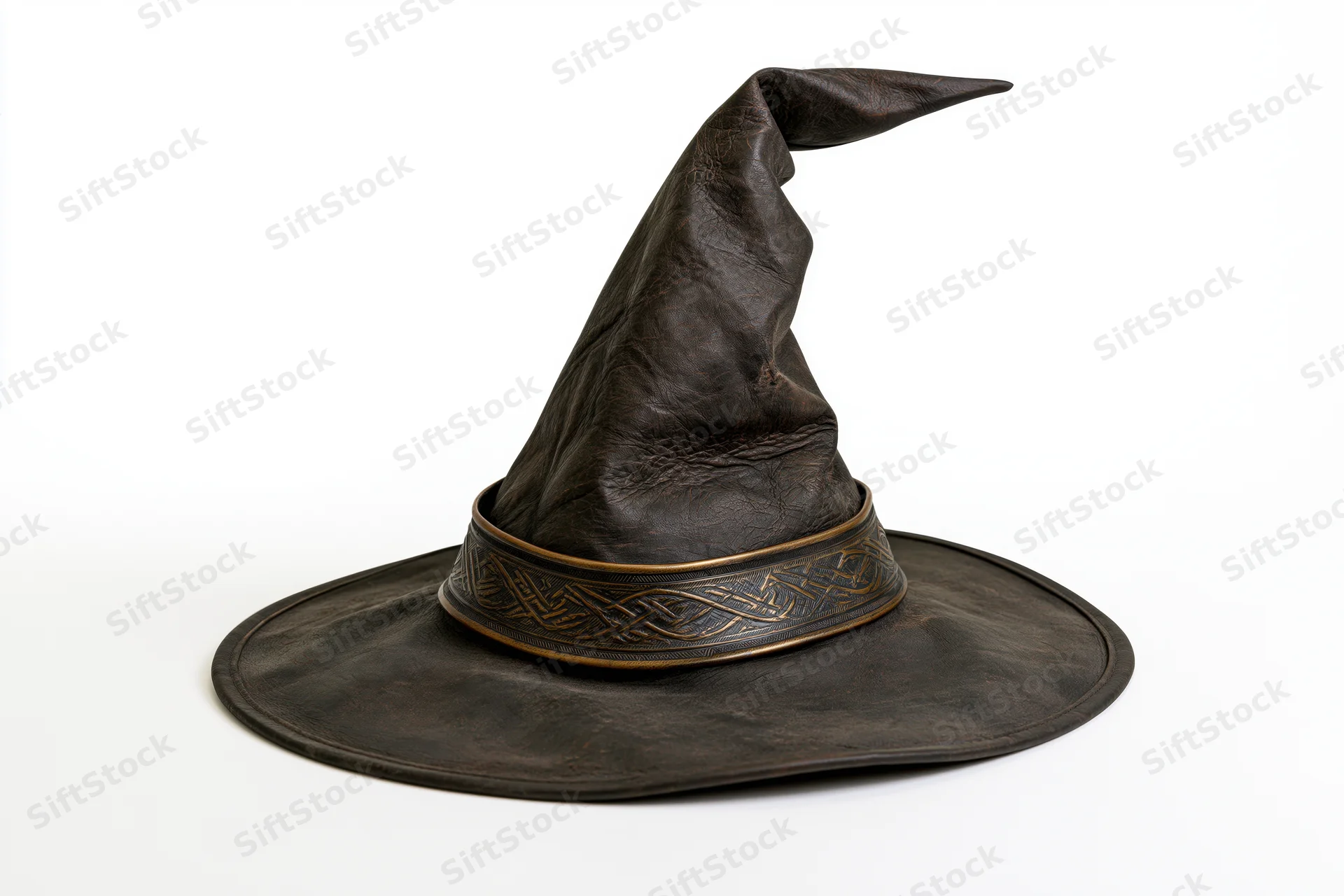 Worn leather witch hat with crooked peak and wide brim on white background