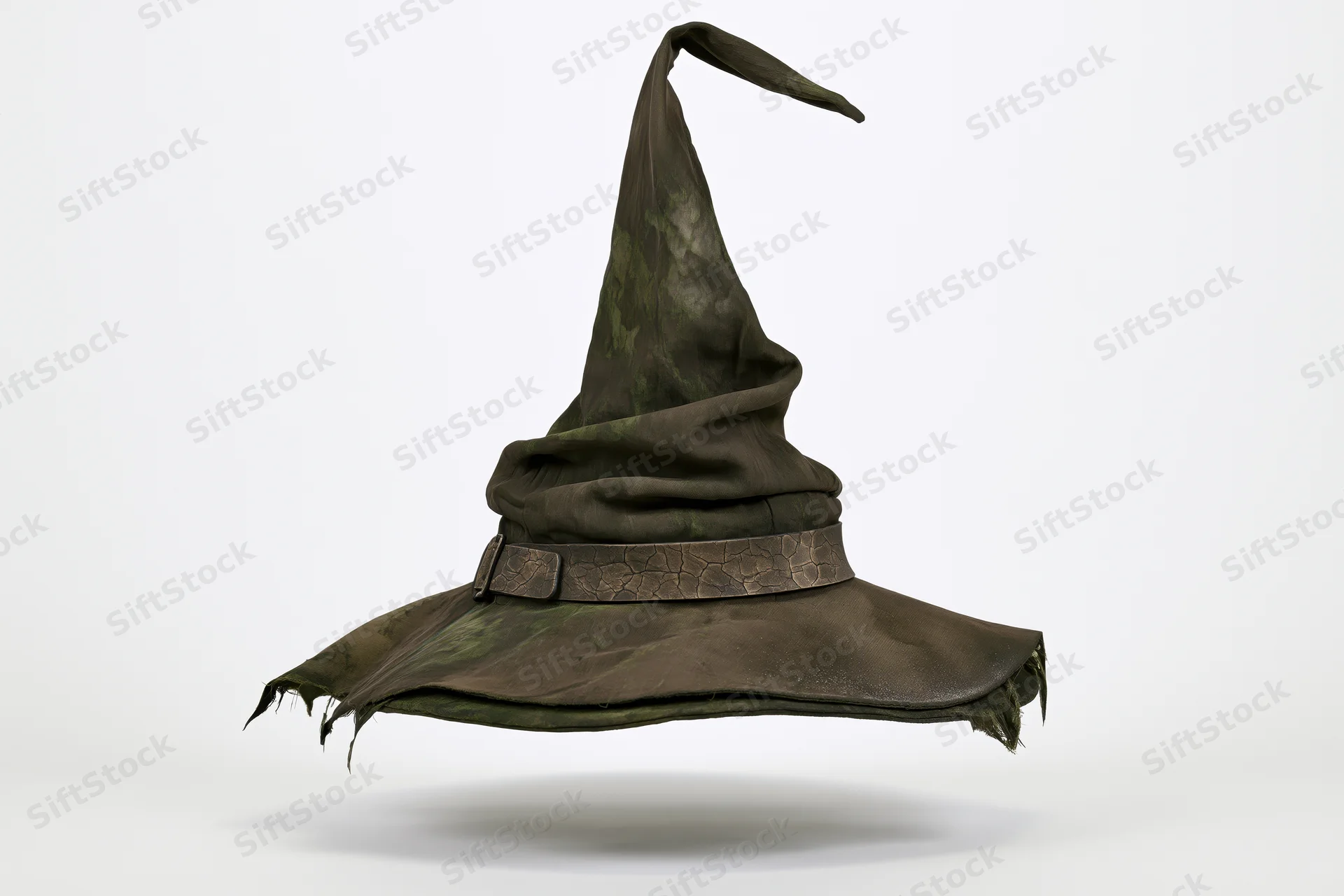 Worn witch hat floating against plain white studio background
