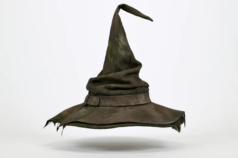 Worn witch hat floating against plain white studio background