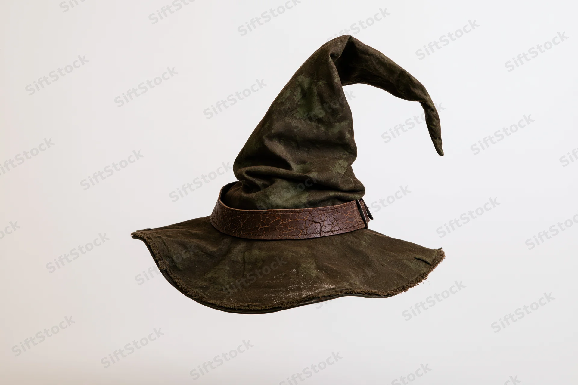 Worn witch hat with pointed brim and leather band floating against white background
