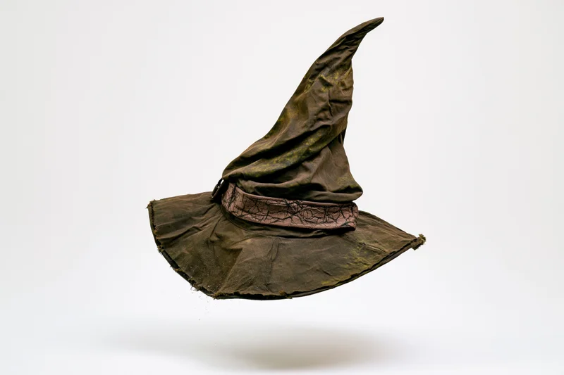 Worn witch hat floating against white background